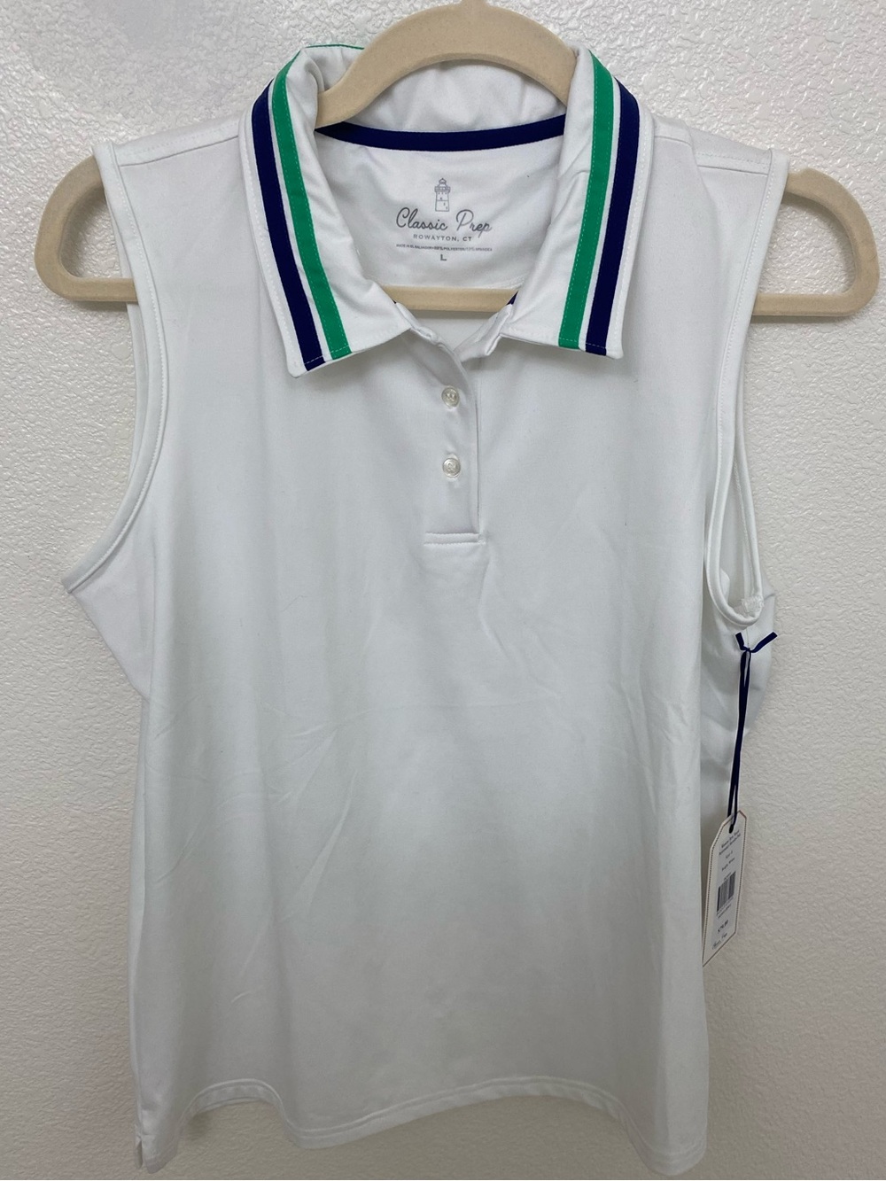 Classic Prep White Sleeveless Polo with Green & Blue Striped Collar